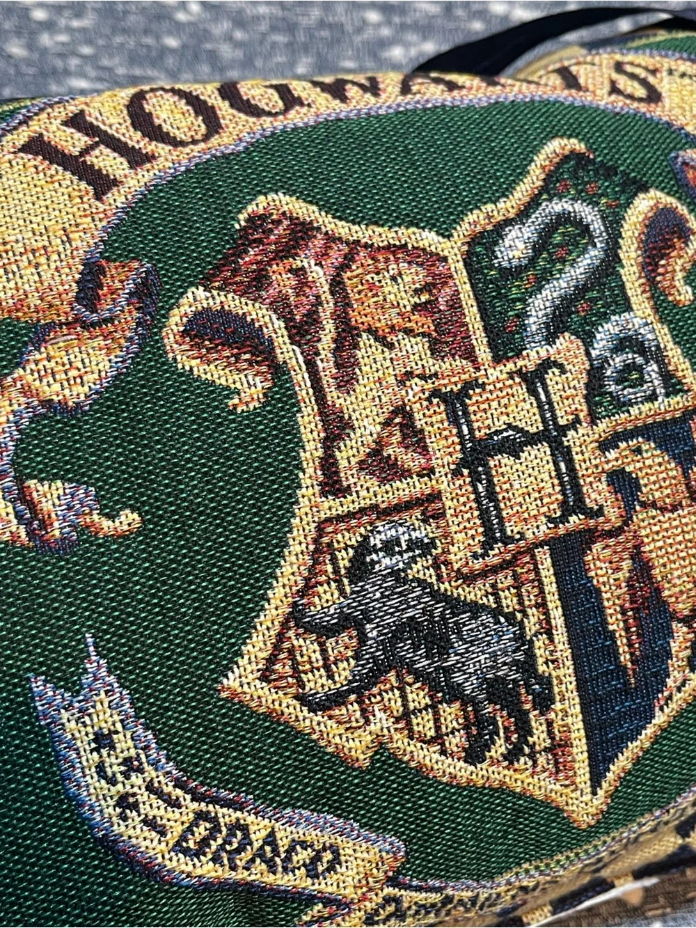 Vintage 2000 Hogwarts Crest Green Tapestry Accent Pillow